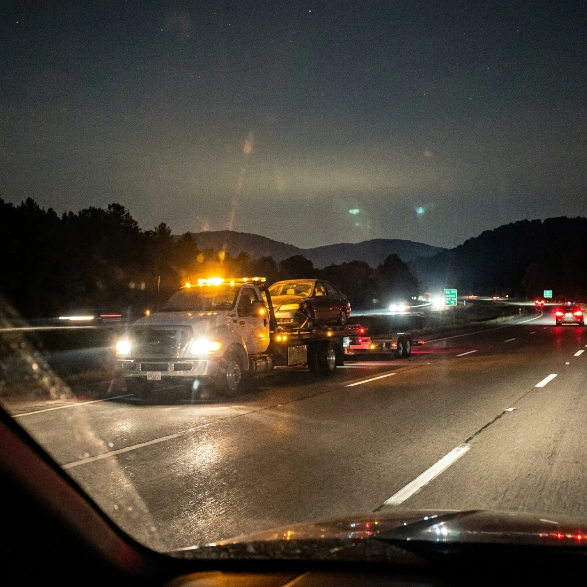 JB Autoworks emergency towing a car at night